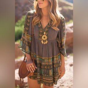 Free People Grey Green Patterned Dress